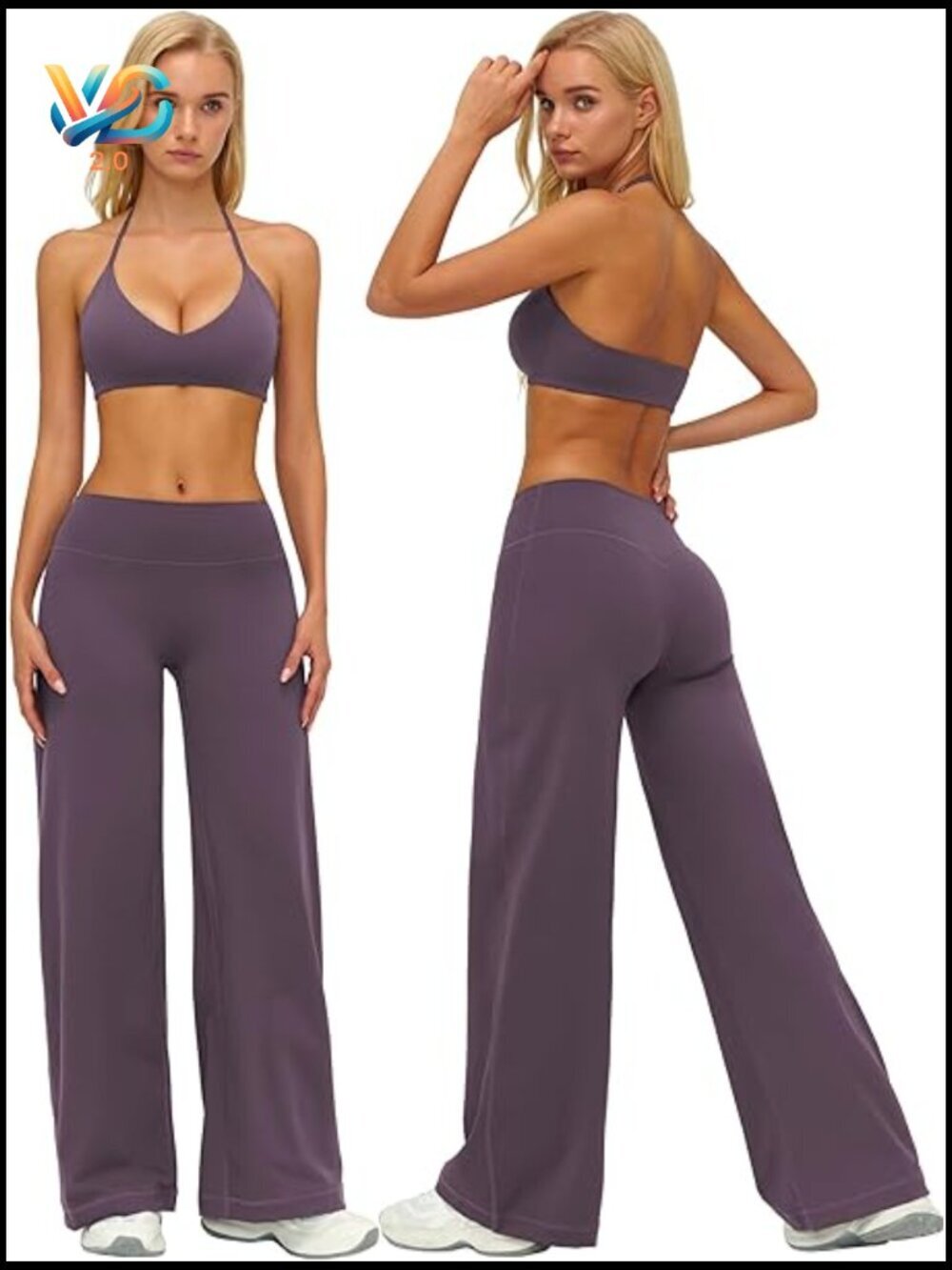 Two Piece Workout Set V Neck Halter Sports Bra Straight Leg Yoga Pants Gym